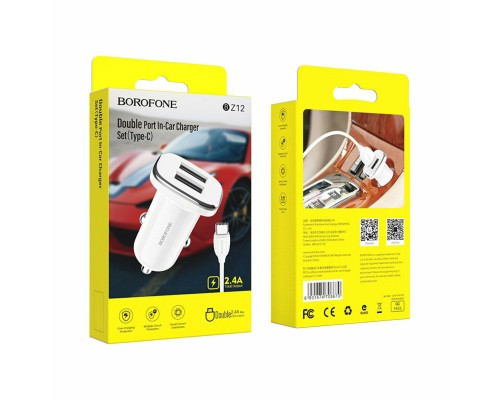 Автомобільний зарядний пристрій BOROFONE BZ12 double port in-car charger set with Type-C White