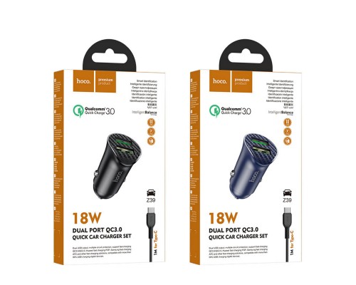Автомобільний зарядний пристрій HOCO Z39 Farsighted dual port QC3.0 Car charger set(Type-C) Black