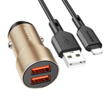 Автомобільний зарядний пристрій BOROFONE BZ19 Wisdom dual port car charger set(iP) Gold