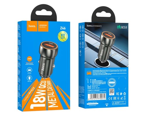 Автомобільний зарядний пристрій HOCO Z46 Blue shield single port QC3.0 car charger set(Micro) Metal Gray