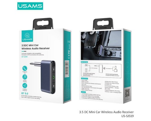 Bluetooth ресивер Usams US-SJ519 3.5DC Mini Car Wireless Audio Receiver BT5.0 Grey