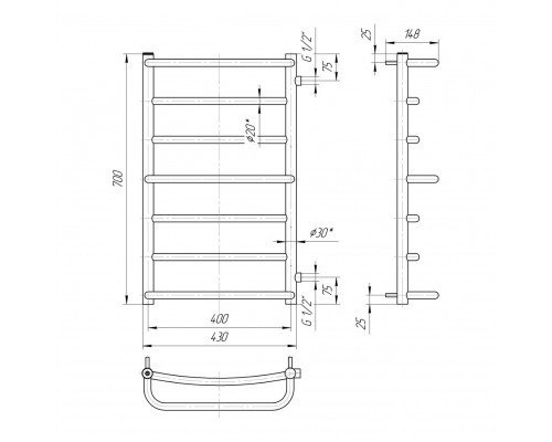 Водяной полотенцесушитель Mario Люкс 700х400 Б/П 1/2" (1.1.2304.02.P)